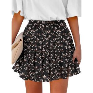 Caracilia Flowy Skorts for Women Summer High Waist Ruffle Pleated Boho Mini Skirts 2026 Casual Chiffon Beach Short Skirt(Black Begie Floral)