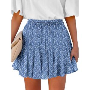 Caracilia Flowy Skorts for Women Summer High Waist Ruffle Pleated Boho Mini Skirts 2026 Casual Chiffon Beach Short Skirt(Blue White Floral)