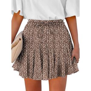 Caracilia Flowy Skorts for Women Summer High Waist Ruffle Pleated Boho Mini Skirts 2026 Casual Chiffon Beach Short Skirt(Brown Floral)