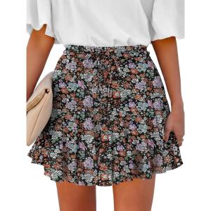 Caracilia Flowy Skorts for Women Summer High Waist Ruffle Pleated Boho Mini Skirts 2026 Casual Chiffon Beach Short Skirt(Brown Pink Floral)