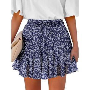 Caracilia Flowy Skorts for Women Summer High Waist Ruffle Pleated Boho Mini Skirts 2026 Casual Chiffon Beach Short Skirt(Navy Blue White Leaf)