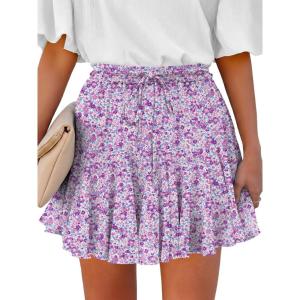 Caracilia Flowy Skorts for Women Summer High Waist Ruffle Pleated Boho Mini Skirts 2026 Casual Chiffon Beach Short Skirt(Purple Blue Floral)