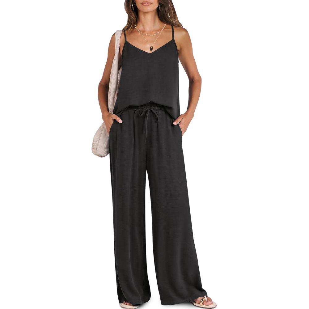 imageCaracilia 2 Piece Sets for Women Summer Travel Outfits Lounge Tank Top Wide Leg Pants Set 2026 Beach Vacation ClothesBlack