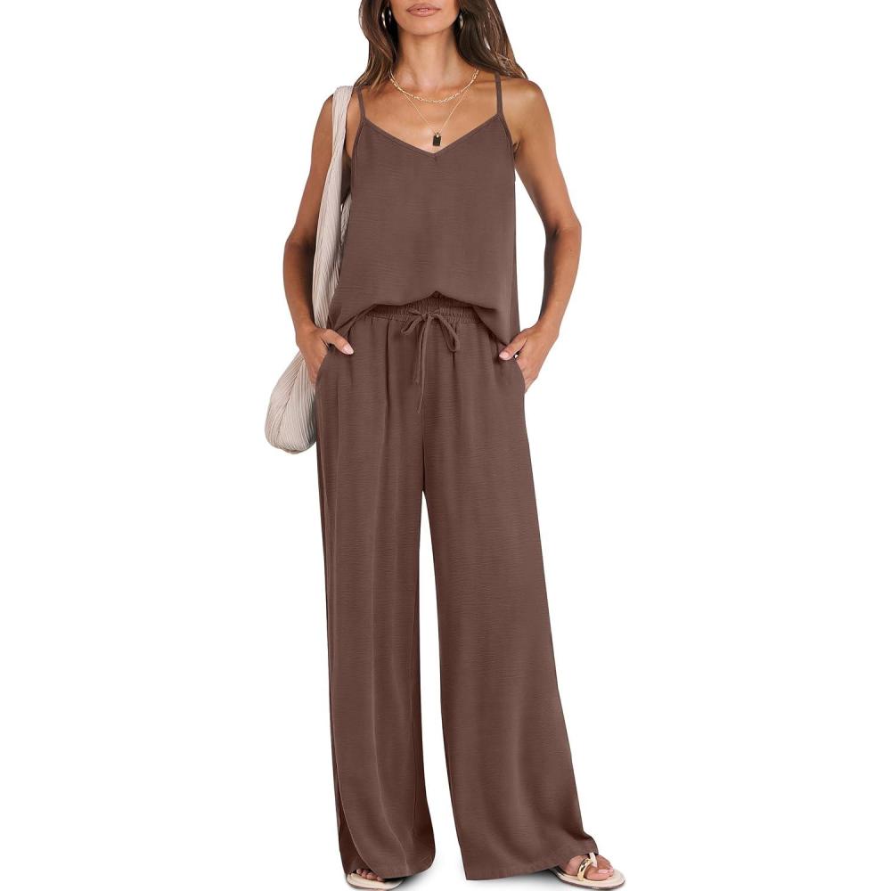 imageCaracilia 2 Piece Sets for Women Summer Travel Outfits Lounge Tank Top Wide Leg Pants Set 2026 Beach Vacation ClothesCoffee