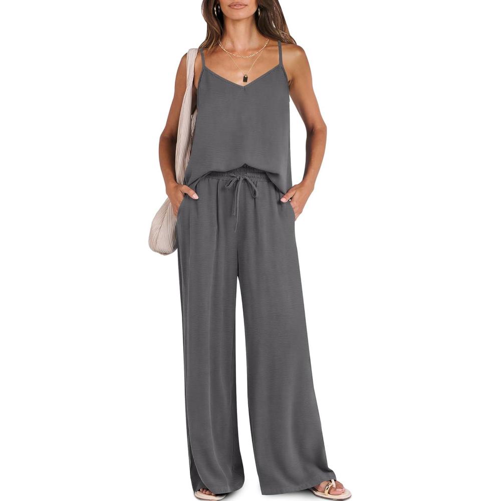 imageCaracilia 2 Piece Sets for Women Summer Travel Outfits Lounge Tank Top Wide Leg Pants Set 2026 Beach Vacation ClothesDark Gray