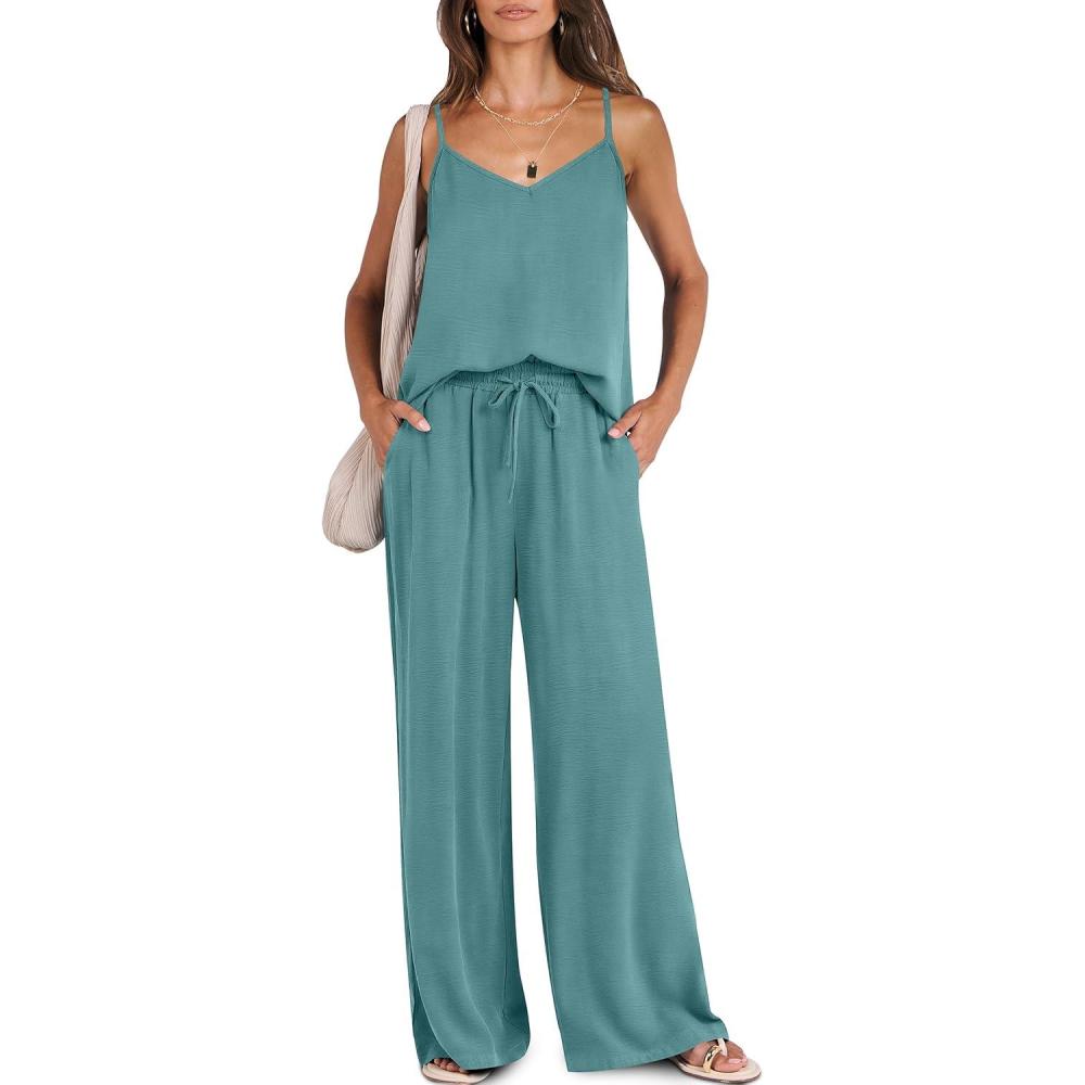 imageCaracilia 2 Piece Sets for Women Summer Travel Outfits Lounge Tank Top Wide Leg Pants Set 2026 Beach Vacation ClothesLake