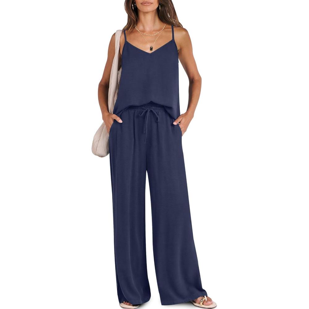 imageCaracilia 2 Piece Sets for Women Summer Travel Outfits Lounge Tank Top Wide Leg Pants Set 2026 Beach Vacation ClothesNavy Blue