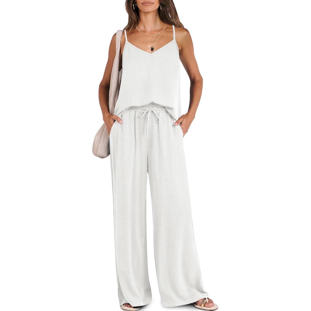 imageCaracilia 2 Piece Sets for Women Summer Travel Outfits Lounge Tank Top Wide Leg Pants Set 2026 Beach Vacation ClothesWhite