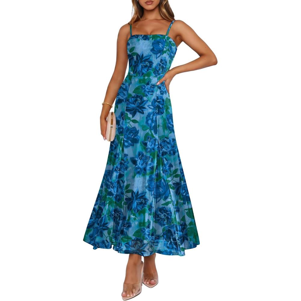 imageCaracilia Maxi Dresses for Women Formal Mesh Spaghetti Strap Cocktail Wedding Guest Party Floral Flowy Dress 2026 SummerBlue Gree Rose