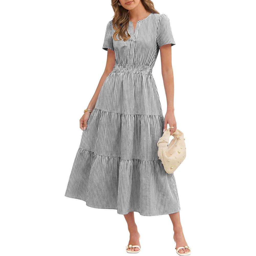 imageCaracilia Womens Summer Maxi Dresses 2026 Spring Casual V Neck Short Sleeve Gingham Flowy ALine Beach Vacation Party DressBlack White Stripe