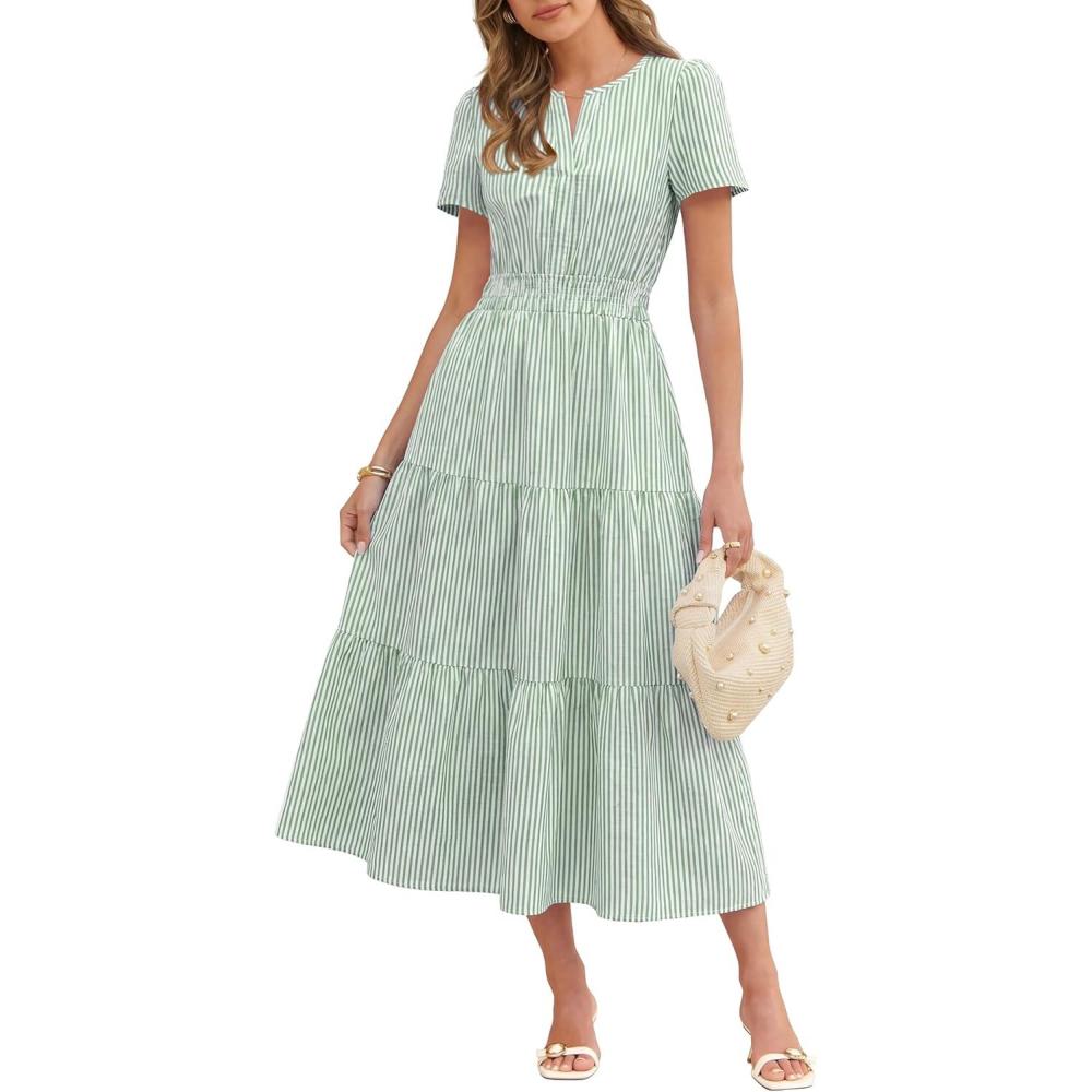 imageCaracilia Womens Summer Maxi Dresses 2026 Spring Casual V Neck Short Sleeve Gingham Flowy ALine Beach Vacation Party DressGreen White Stripe