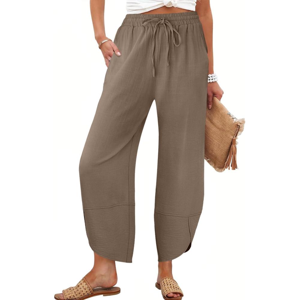 imageCaracilia Womens Wide Leg Pants Barrel Palazzo Casual Flowy Beach Vacation Cropped Summer Drawstring Capris with PocketsLight Camel