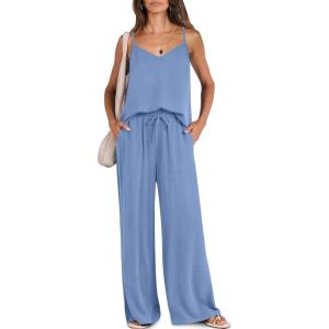 Caracilia 2 Piece Sets for Women Summer Travel Outfits Lounge Tank Top Wide Leg Pants Set 2026 Beach Vacation Clothes(Blue)