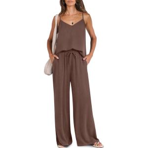 Caracilia 2 Piece Sets for Women Summer Travel Outfits Lounge Tank Top Wide Leg Pants Set 2026 Beach Vacation Clothes(Coffee)
