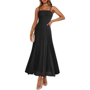 Caracilia Maxi Dresses for Women Formal Mesh Spaghetti Strap Cocktail Wedding Guest Party Floral Flowy Dress 2026 Summer(Black)