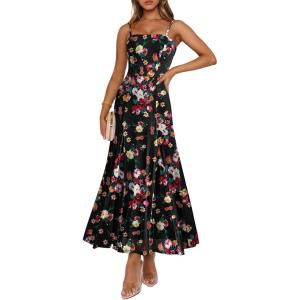 Caracilia Maxi Dresses for Women Formal Mesh Spaghetti Strap Cocktail Wedding Guest Party Floral Flowy Dress 2026 Summer(Dark Floral Burst)
