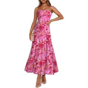 Caracilia Maxi Dresses for Women Formal Mesh Spaghetti Strap Cocktail Wedding Guest Party Floral Flowy Dress 2026 Summer(Rose Pink Flower)