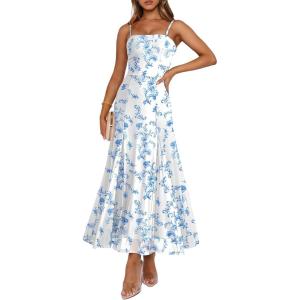 Caracilia Maxi Dresses for Women Formal Mesh Spaghetti Strap Cocktail Wedding Guest Party Floral Flowy Dress 2026 Summer(White-based Blue Flower)