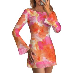 Caracilia Womens Bell Long Sleeve Mini Dresses Boat Neck Mesh Party Floral Date Night Short Dress 2026 Fall Sexy Y2K Clothes(Orange Pink Floral)