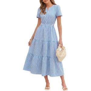 Caracilia Womens Summer Maxi Dresses 2026 Spring Casual V Neck Short Sleeve Gingham Flowy A-Line Beach Vacation Party Dress(Blue White Stripe)
