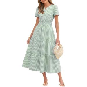 Caracilia Womens Summer Maxi Dresses 2026 Spring Casual V Neck Short Sleeve Gingham Flowy A-Line Beach Vacation Party Dress(Green White Stripe)