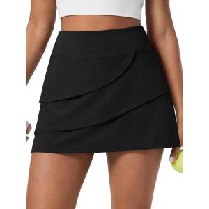 Caracilia Women’s Tennis Golf Skirt Mini Skorts with Pockets Summer Flowy Layered Athletic Skirts Built-in Shorts Clothes(Black)