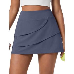 Caracilia Women’s Tennis Golf Skirt Mini Skorts with Pockets Summer Flowy Layered Athletic Skirts Built-in Shorts Clothes(Grey Blue)
