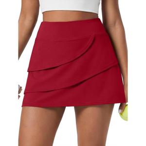 Caracilia Women’s Tennis Golf Skirt Mini Skorts with Pockets Summer Flowy Layered Athletic Skirts Built-in Shorts Clothes(Red)