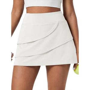 Caracilia Women’s Tennis Golf Skirt Mini Skorts with Pockets Summer Flowy Layered Athletic Skirts Built-in Shorts Clothes(White)