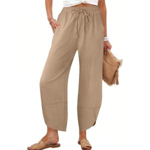 Caracilia Womens Wide Leg Pants Barrel Palazzo Casual Flowy Beach Vacation Cropped Summer Drawstring Capris with Pockets(Khaki)