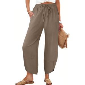 Caracilia Womens Wide Leg Pants Barrel Palazzo Casual Flowy Beach Vacation Cropped Summer Drawstring Capris with Pockets(Light Camel)
