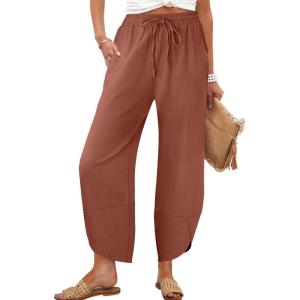 Caracilia Womens Wide Leg Pants Barrel Palazzo Casual Flowy Beach Vacation Cropped Summer Drawstring Capris with Pockets(Rust Red)