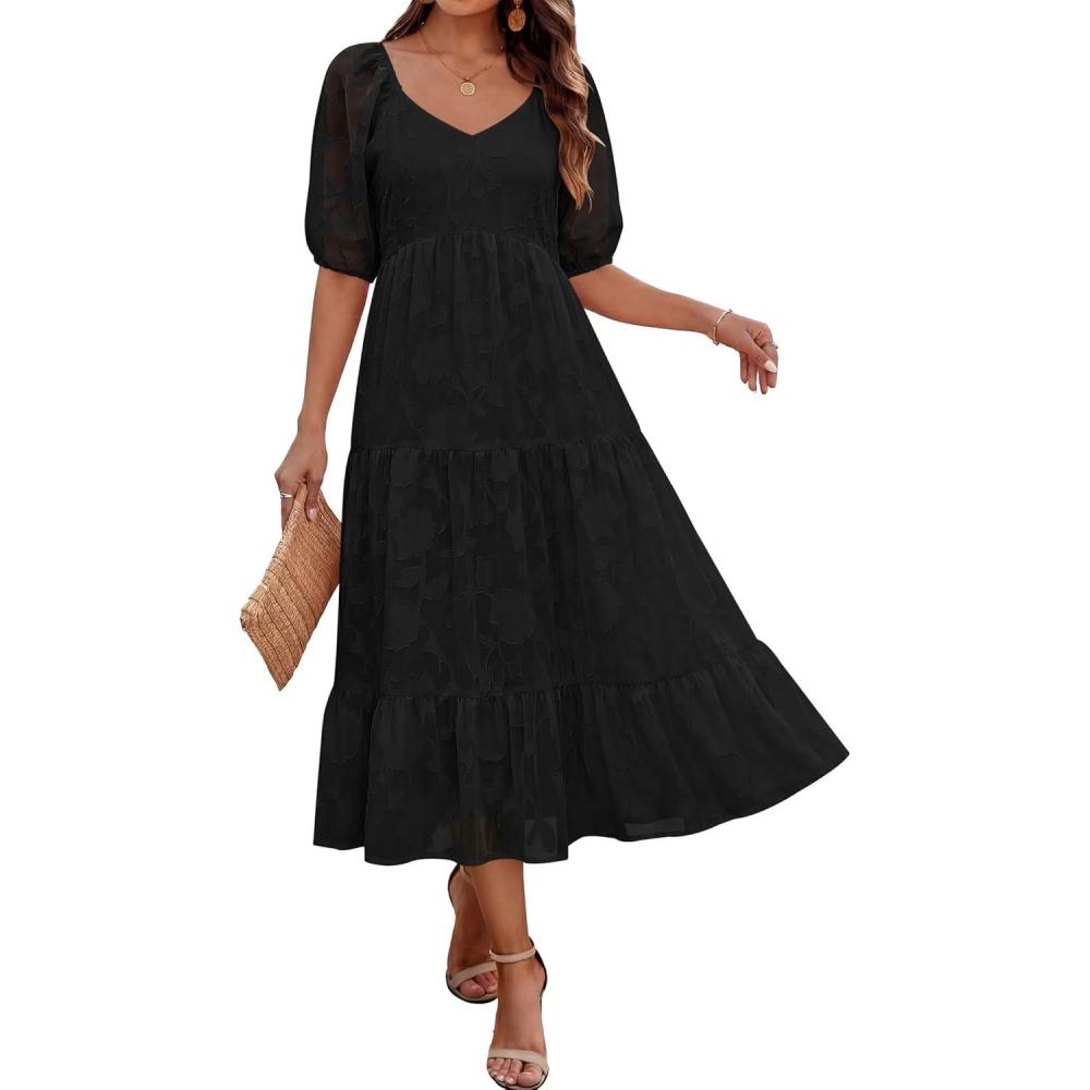 imageCaracilia Womens 2026 Summer Casual Midi Dresses Short Puff Sleeve V Neck A Line Floral Flowy Boho Wedding Guest Party DressBlack