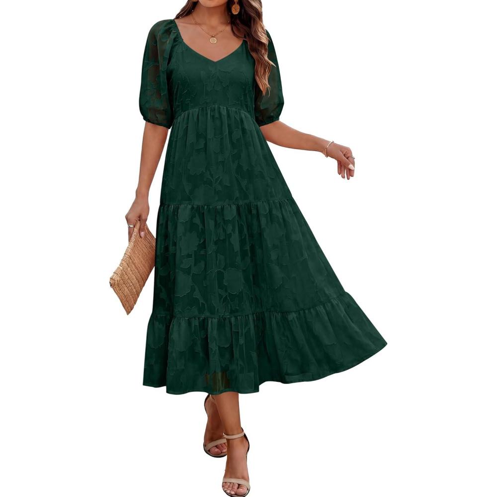imageCaracilia Womens 2026 Summer Casual Midi Dresses Short Puff Sleeve V Neck A Line Floral Flowy Boho Wedding Guest Party DressForest Green