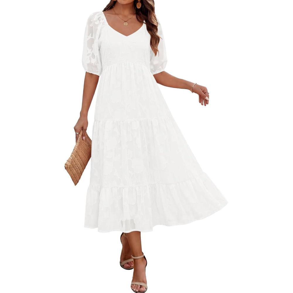 imageCaracilia Womens 2026 Summer Casual Midi Dresses Short Puff Sleeve V Neck A Line Floral Flowy Boho Wedding Guest Party DressWhite