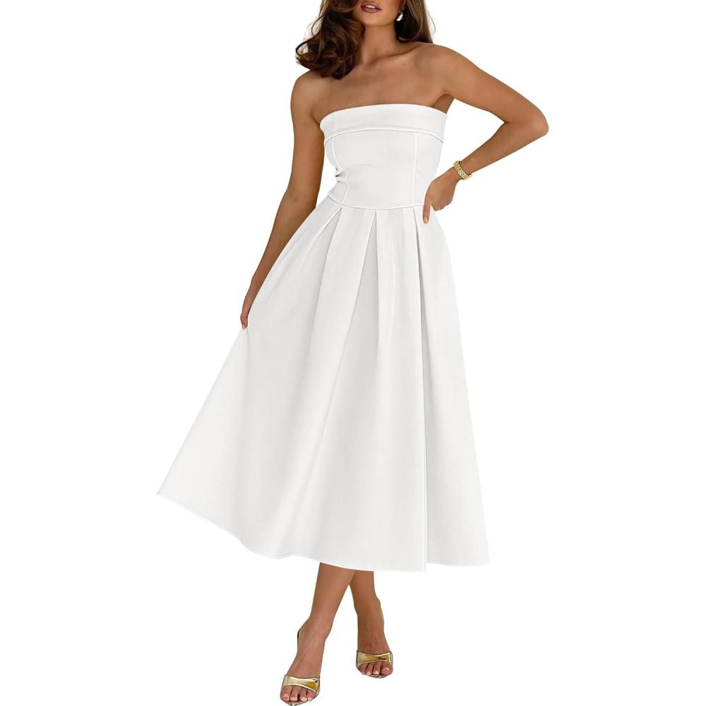 imageCaracilia Womens Cocktail Midi Dresses 2026 Summer Strapless Tube Top A Line Flowy Spring Formal Wedding Guest Party DressWhite