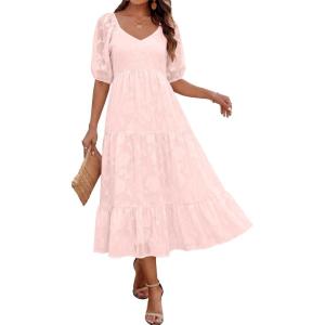 Caracilia Women’s 2026 Summer Casual Midi Dresses Short Puff Sleeve V Neck A Line Floral Flowy Boho Wedding Guest Party Dress(Light Pink)