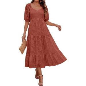 Caracilia Women’s 2026 Summer Casual Midi Dresses Short Puff Sleeve V Neck A Line Floral Flowy Boho Wedding Guest Party Dress(Rust Red)