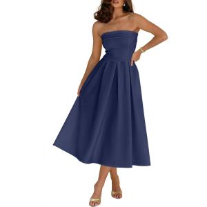 Caracilia Womens Cocktail Midi Dresses 2026 Summer Strapless Tube Top A Line Flowy Spring Formal Wedding Guest Party Dress(Navy Blue)