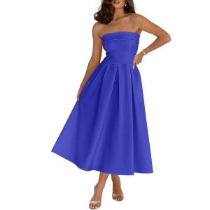 Caracilia Womens Cocktail Midi Dresses 2026 Summer Strapless Tube Top A Line Flowy Spring Formal Wedding Guest Party Dress(Royal Blue)