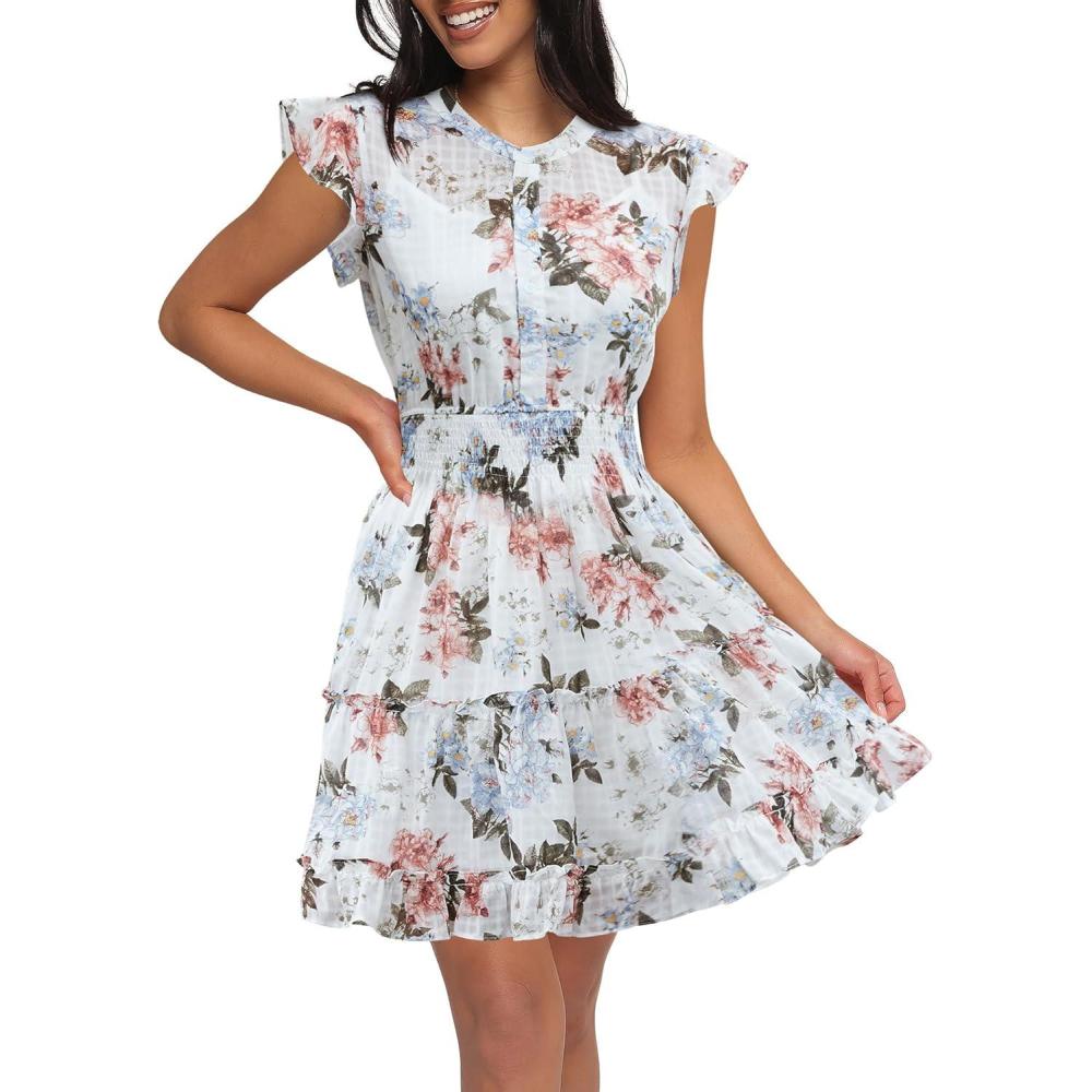 imageCaracilia Women Summer Casual Floral Flutter Short Sleeve ALine Flowy Lined Boho Wedding Guest Tea Party Vacation DressesFloral White