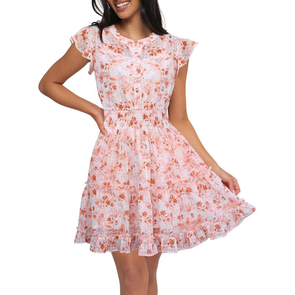imageCaracilia Women Summer Casual Floral Flutter Short Sleeve ALine Flowy Lined Boho Wedding Guest Tea Party Vacation DressesOrange Floral