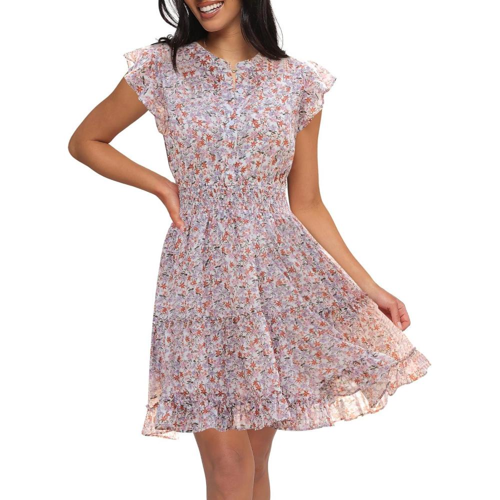 imageCaracilia Women Summer Casual Floral Flutter Short Sleeve ALine Flowy Lined Boho Wedding Guest Tea Party Vacation DressesOrange Purple Floral