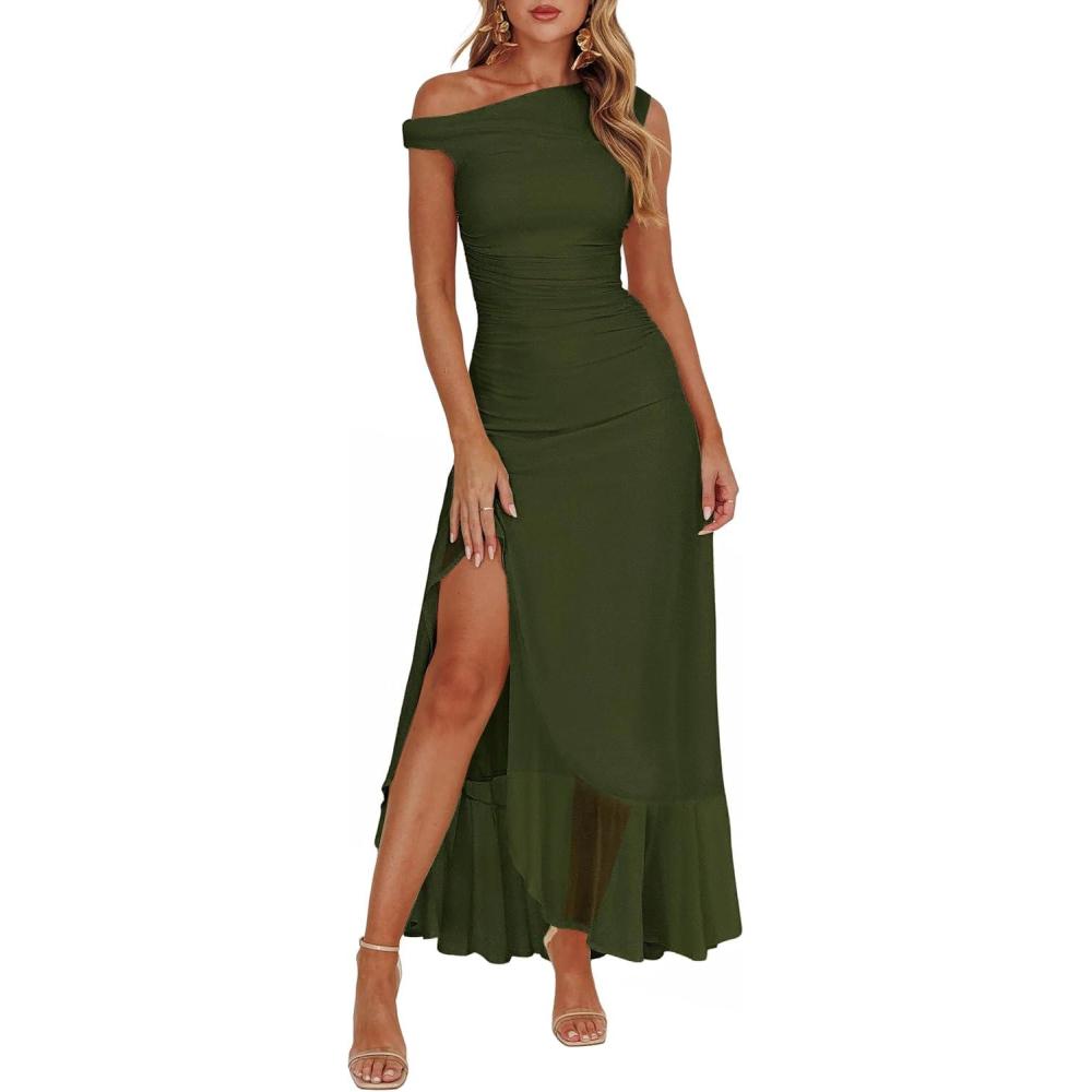 imageCaracilia Womens Summer Off Shoulder Formal Dress Floral Mesh Bodycon Ruched Split Cocktail Wedding Guest Party Maxi DressesArmy Green