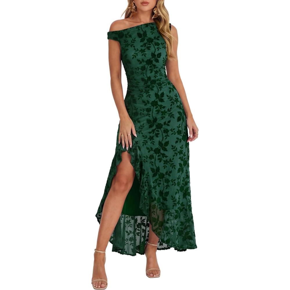 imageCaracilia Womens Summer Off Shoulder Formal Dress Floral Mesh Bodycon Ruched Split Cocktail Wedding Guest Party Maxi DressesGreen Floral
