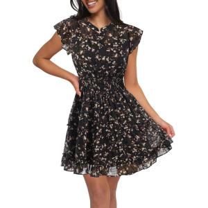 Caracilia Women Summer Casual Floral Flutter Short Sleeve A-Line Flowy Lined Boho Wedding Guest Tea Party Vacation Dresses(Black Begie Floral)