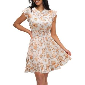 Caracilia Women Summer Casual Floral Flutter Short Sleeve A-Line Flowy Lined Boho Wedding Guest Tea Party Vacation Dresses(Brown Floral)