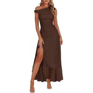 Caracilia Womens Summer Off Shoulder Formal Dress Floral Mesh Bodycon Ruched Split Cocktail Wedding Guest Party Maxi Dresses(Brown)