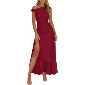 Caracilia Womens Summer Off Shoulder Formal Dress Floral Mesh Bodycon Ruched Split Cocktail Wedding Guest Party Maxi Dresses(Deep Red)
