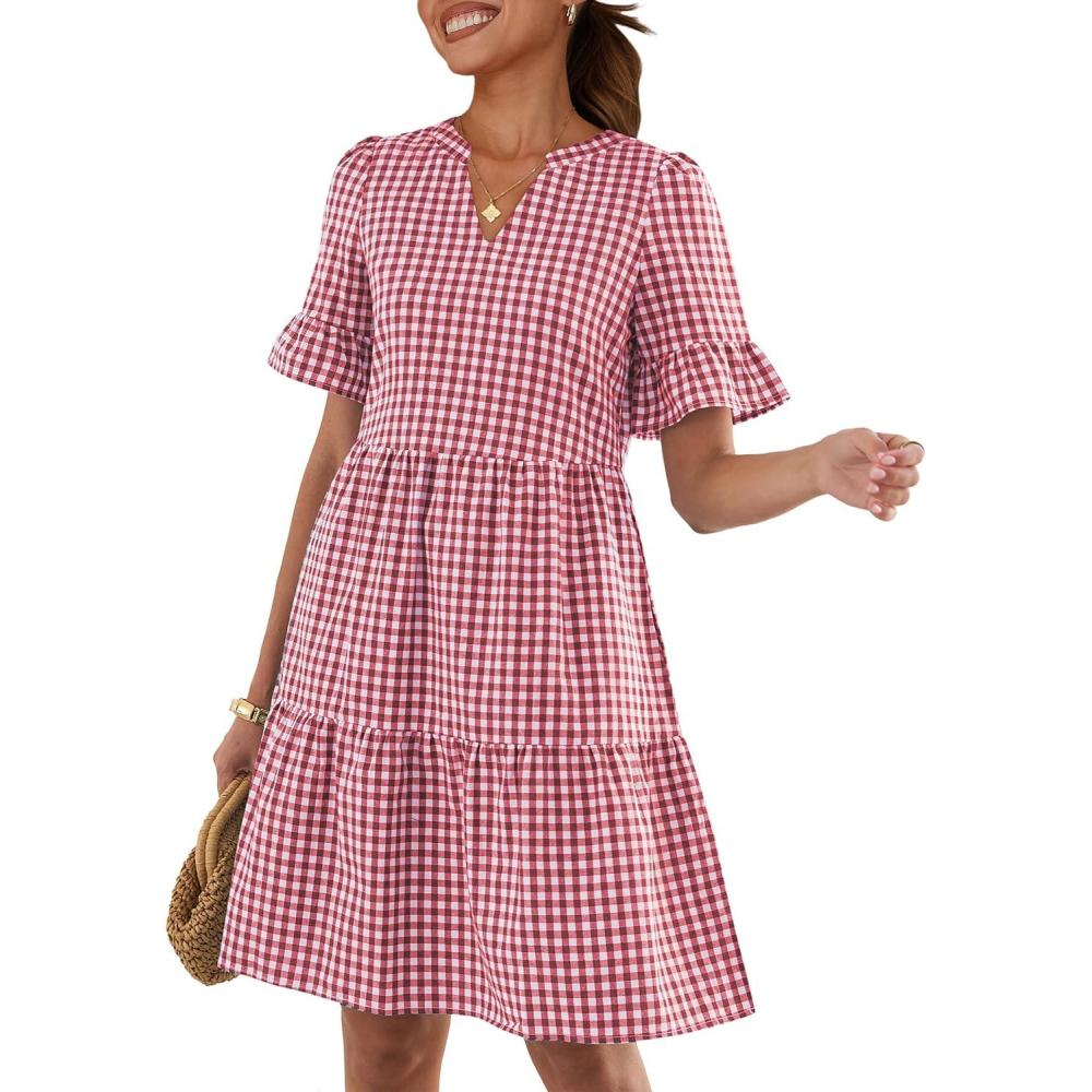 imageCaracilia Dresses for Women Summer 2026 Striped V Neck Ruffle Sleeve A Line Tiered Flowy Casual Mini Beach Dress with PocketsRed White Plaid